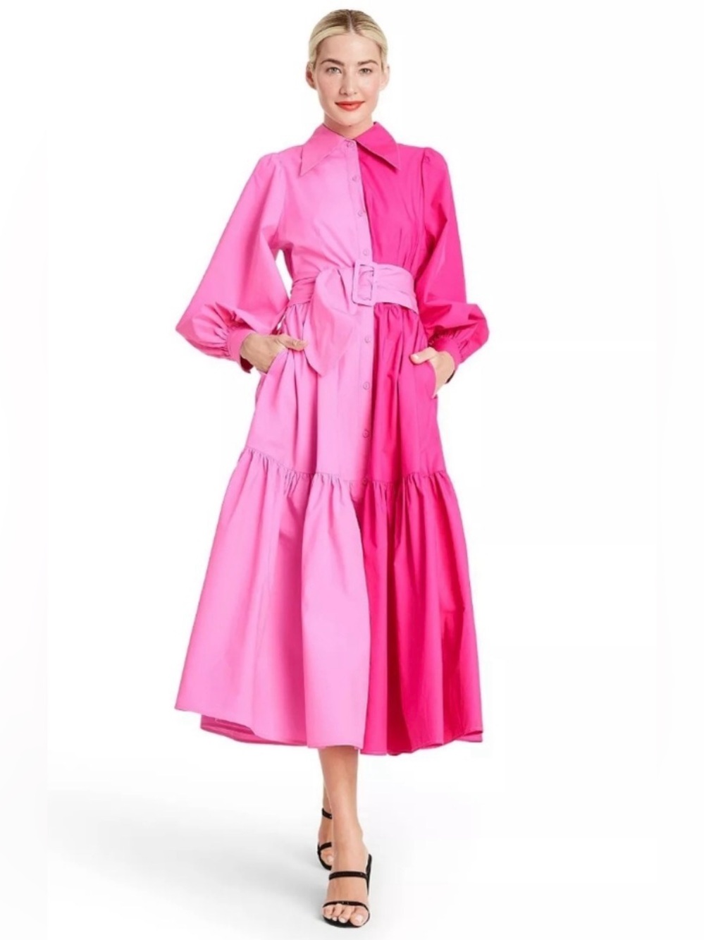 Christopher John Rogers Two-Tone Hot Pink and Bubblegum Pink Belted Midi Dress